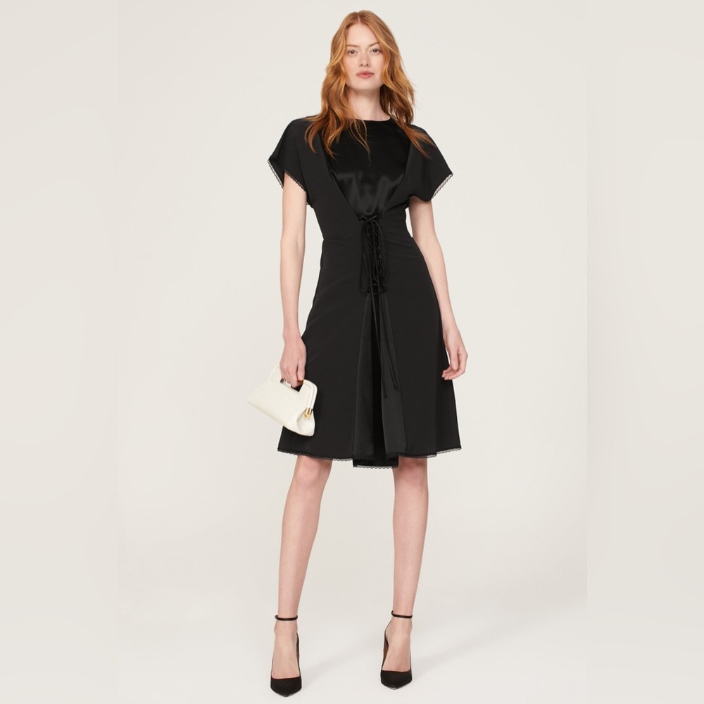 ATLEIN Collective Dress Womens‎ Black Tie Front Short Sleeve Satin Panel Small